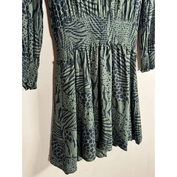 RAILS Zana Animal-Print Smocked-Waist Mini Dress Olive Green Small - Picture 6 of 10
